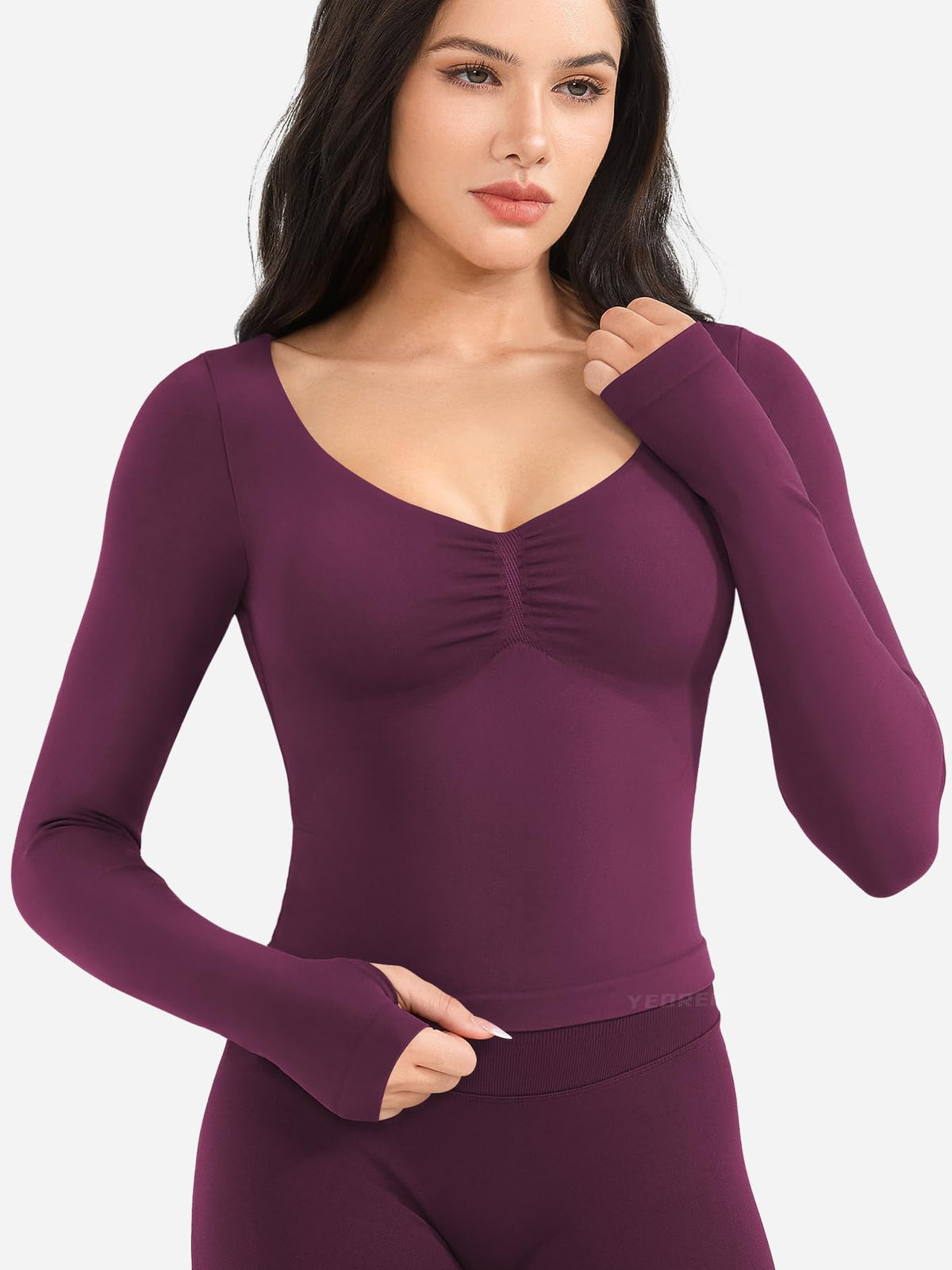 YEOREO CoreFlex Long Sleeve Workout Tops for Women Padded Deep V Neck Double Lined Impact Tops Slim Fit Gym Athletic Shirts Black Cherry L