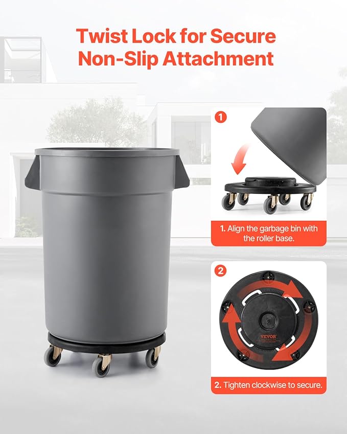 VEVOR Trash Can Dolly, Fit 20, 32, 44, 55 Gallon Containers, Round Trash Can Roller Base with 4 Lockable Wheels, 500lbs Weight Capacity, Heavy Duty Barrel Dolly, Multi-Functional Rolling Cart