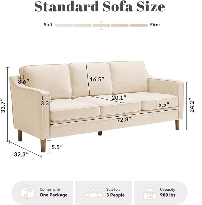 Kingfun 80" Chenille Sofa, 3 Seater Couch, Mid Century Modern Couches with Solid Wood Frame for Living Room & Bedroom, Beige