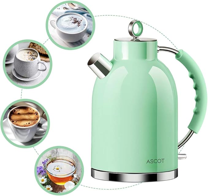 ASCOT Electric Kettle, Stainless Steel Electric Tea Kettle Gifts for Men/Women/Family 1.6L 1500W Retro Tea Heater & Hot Water Boiler, Auto Shut-Off and Boil-Dry Protection (Green)
