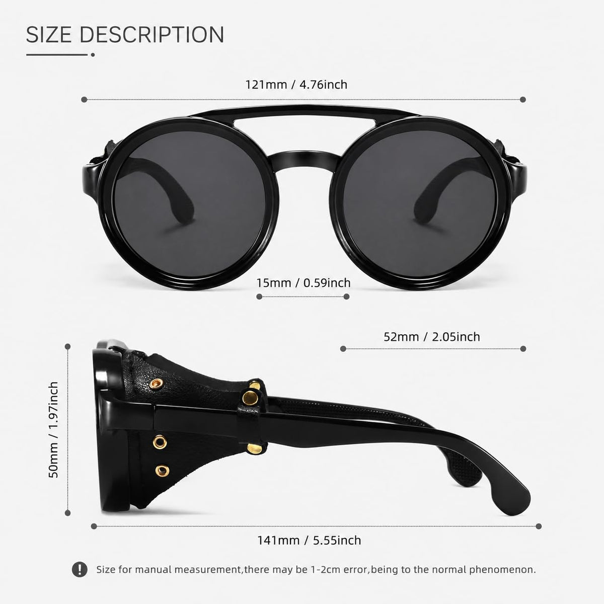 MUDIWRLO Polarized Round Steampunk Sunglasses with Leather Side Double Bridge Shield Retro Eyewear for Men Women(Black)
