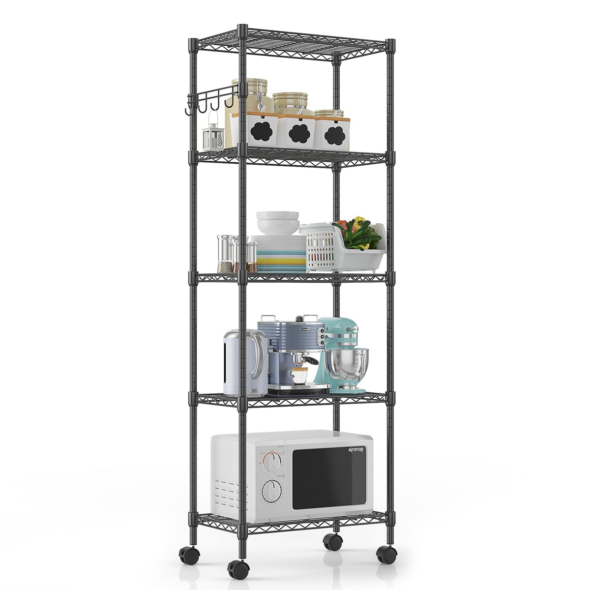 Himimi 72" H Storage Shelves 4 Tier Metal Shelving Adjustable Wire Shelf with Wheels, Heavy Duty Shelving for Garage Kitchen Pantry Bathroom Laundry 18" D*48" W*72" H, Black