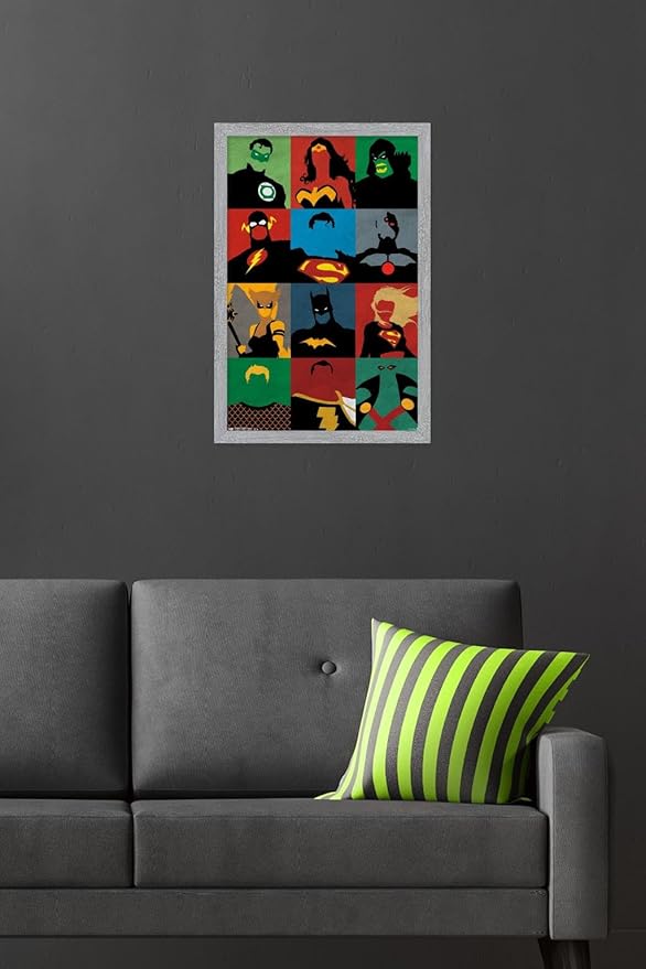 DC Comics Justice League - Minimalist Wall Poster, 22.4L" x 14.7W", Gray Framed Version