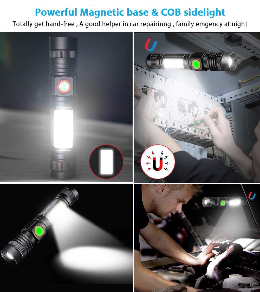 Hoxida Rechargeable Flashlight(Battery Included), Magnetic LED Flashlight with COB sidelight, 1200 Lumen Super Bright LED, Waterproof, Zoomable, 4 Modes Best Flashlight for Camping, Emergency