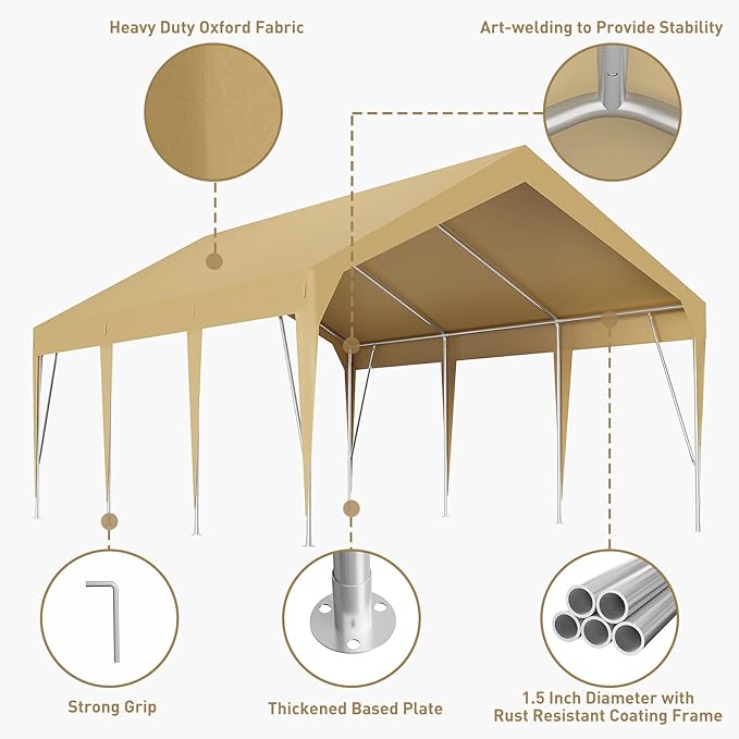 13x20FT Heavy Duty Carport Canopy with Sturdy Frame, Portable Waterproof and UV-Resistant Garage Shelter, Adjustable Height for Car, Boat, Outdoor Storage and Parties Yellow