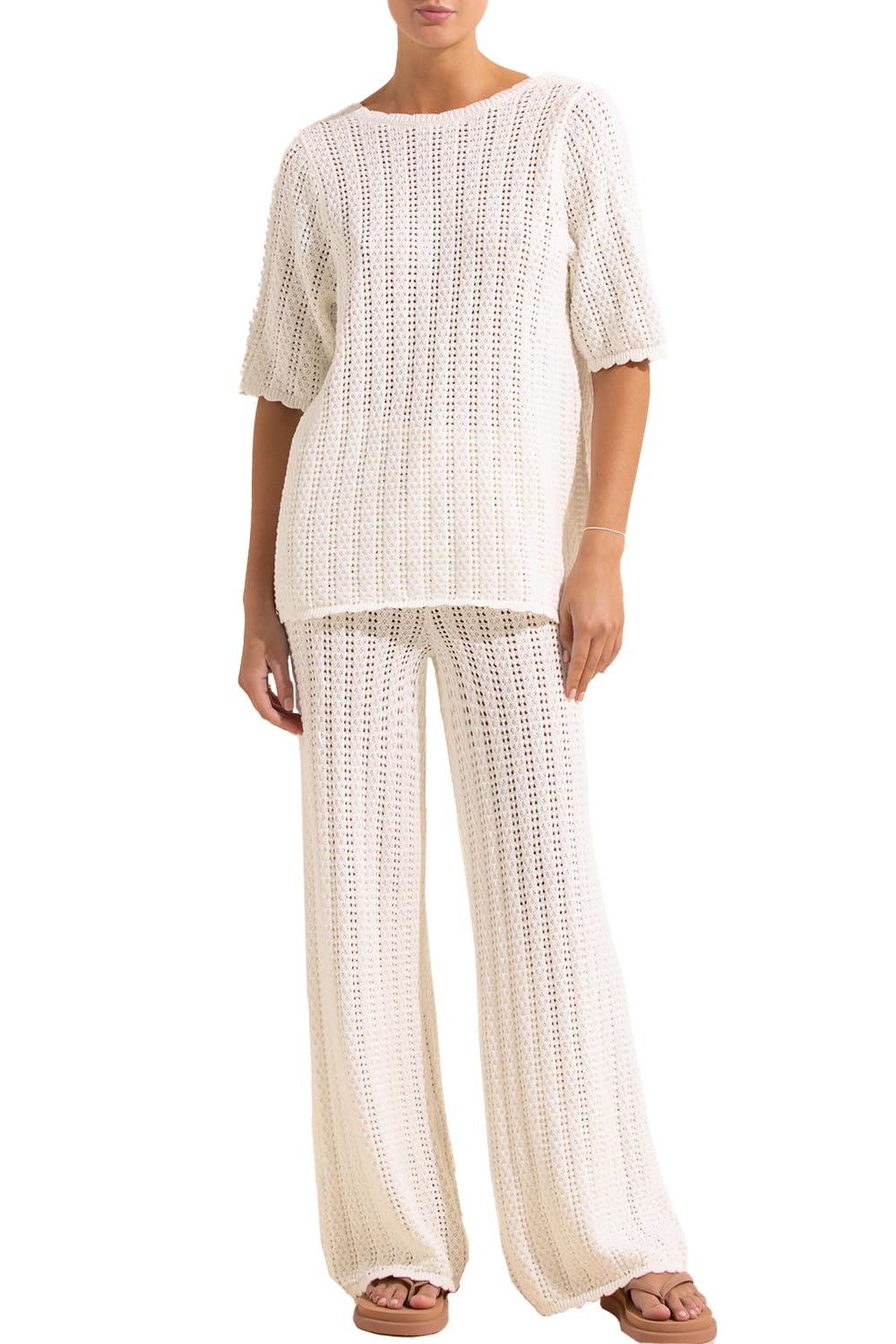 Imily Bela Women's Summer 2 Piece Swimsuit Cover up Crochet Knit Cardigan Tops Long Pants Set Bathing Suit Beach Outfit