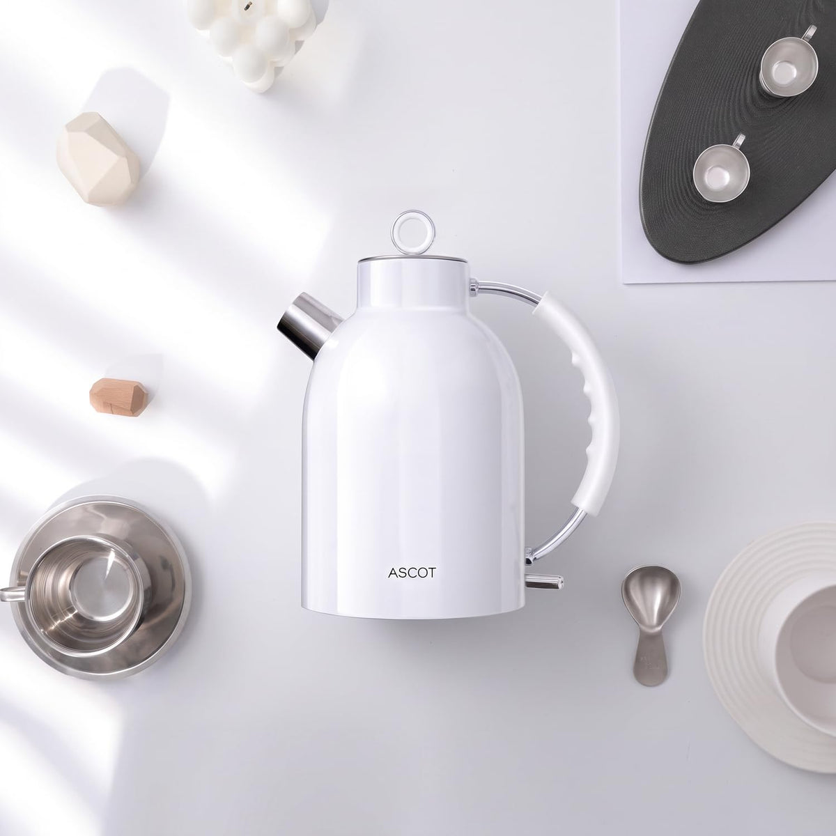 ASCOT Electric Kettle, Stainless Steel Tea Boiler 1.5qt 1500W Retro Tea Heater & Boiling Kettle, Auto Shut-Off and Boil-Dry Protection(White)