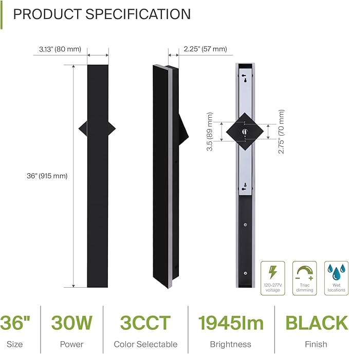 ASD LED 36" Long Wall Mount Light Fixture, Outdoor & Indoor Linear Sconce | 3CCT, Dimmable, Waterproof, Anti-Rust, ETL Listed | 30W 1900LM 3000-5000K 100-277V | Exterior Porch Lighting | Black