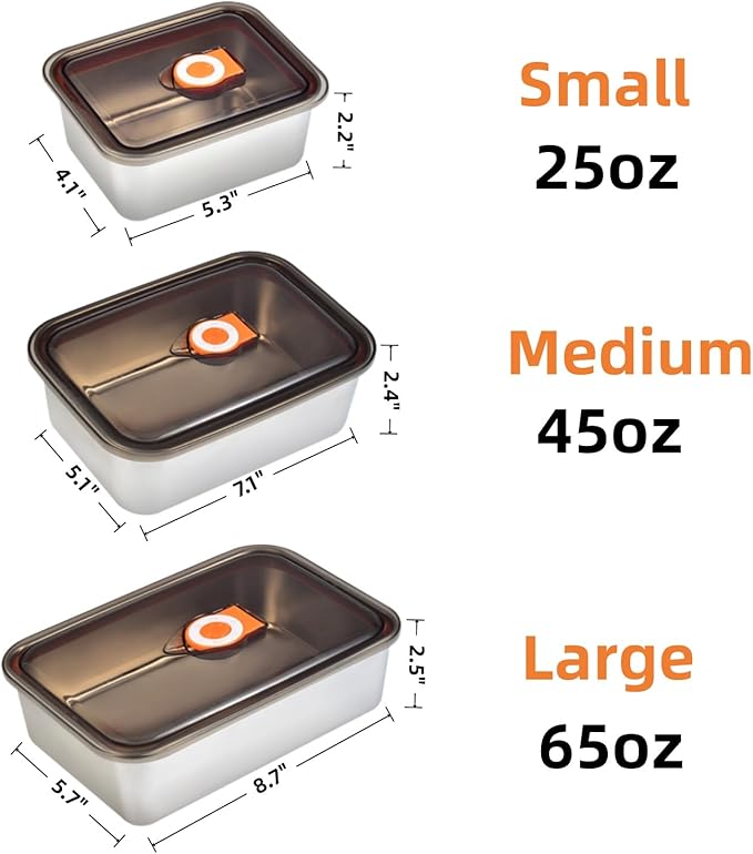 Kichwit Stainless Steel Lunch Box Container with Lid, Pack of 3 Bento Snack Boxes for Work, Travel or Picnics, Dishwasher Safe, 25oz, 45oz, 65oz