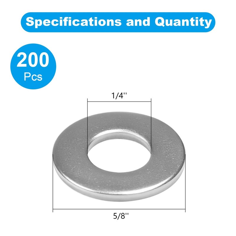 Yinpecly 200pcs 1/4'' Flat Washers OD 5/8'', 304 Stainless Steel Washers,SAE Metal Washers for Screws Bolts