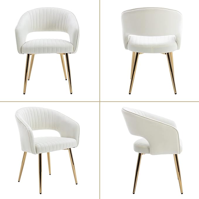Modern Velvet Dining Chairs Set of 6, Upholstered Gold Dining Room Chairs with Hollow Back, Accent Armrest Kitchen Chairs with Gold Legs for Living Room Reception Beige