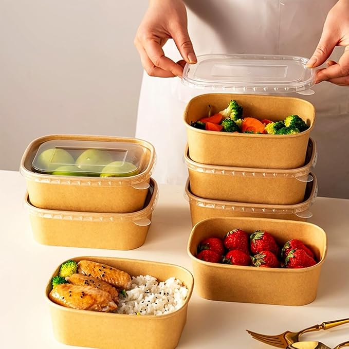 Artuxer 50 Pack 29Oz Disposable Meal Prep Containers With Lids and Forks-Disposable Kraft Paper Bowls-to go food containers-Microwavable and Freezer Safe Take Out Containers
