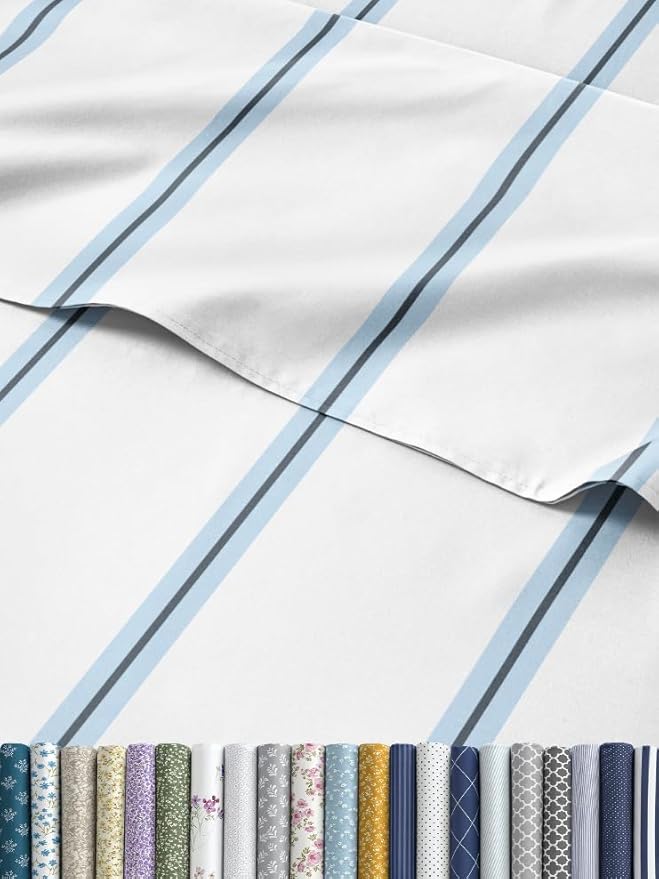 Striped Sheets - Blue & White Striped Sheets - 1 Flat & 1 Fitted & 1 Pillowcase w/ Deep Pockets – Wrinkle & Fade Free- Soft, Breathable and Cooling - Twin XL Size Bed Set – Luxury Pinstripe Bed Set