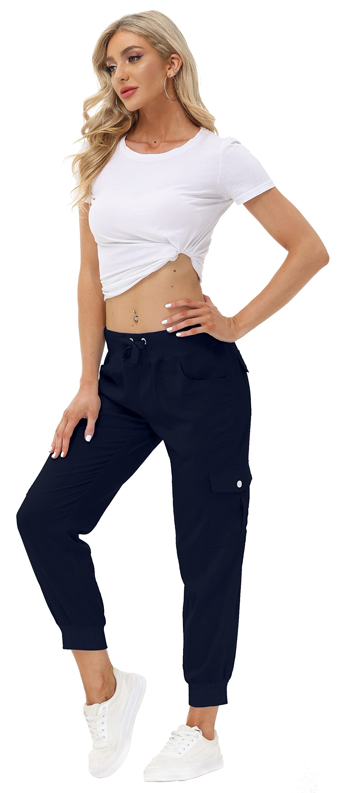 MoFiz Women Cargo Pants with Pockets Lightweight Outdoor Summer Travel Casual Hiking Pants Running Joggers Sweatpants Elastic Waist Navy 4XL