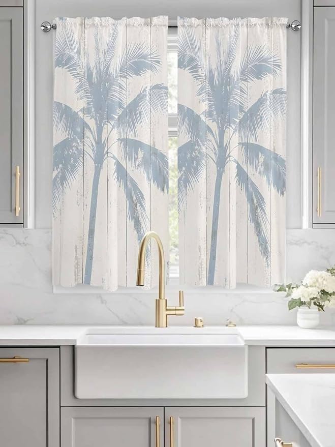 Summer Coconut Tree on Vintage Wood Grain Window Valance Curtains, Seaside