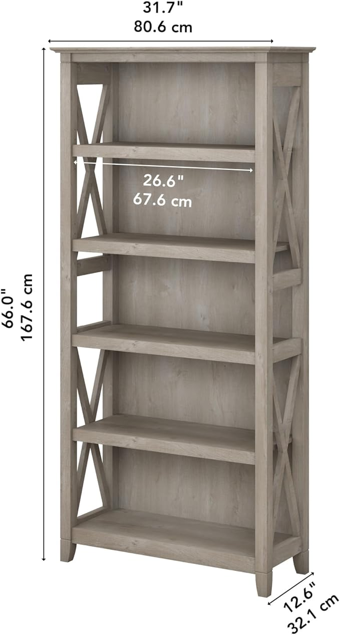 Bush Furniture Tall 5 Shelf Bookcase for Living Room or Home Office, Large Bookshelf, Modern Farmhouse Style, Key West Collection, Washed Gray