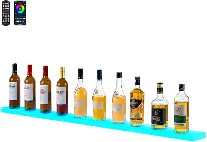 VEVOR LED Lighted Liquor Bottle Display, 1 Tier 60 Inches Whiskey Rack, Supports USB, Illuminated Home Bar Shelf with RF Remote & App Control, 7 Static Colors, Acrylic Lighted Shelf for 15 Bottles
