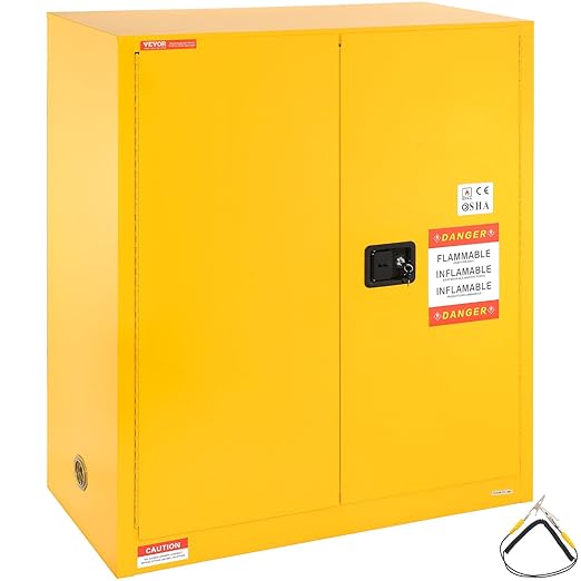 VEVOR Flammable Safety Cabinet 43.1 x 18.1 x 50.1, Cold-Rolled Steel Flammable Liquid Storage Cabinet 34 Gal with 2 Adjustable Shelves/2 Manual Closing Doors for Industrial Use, Yellow