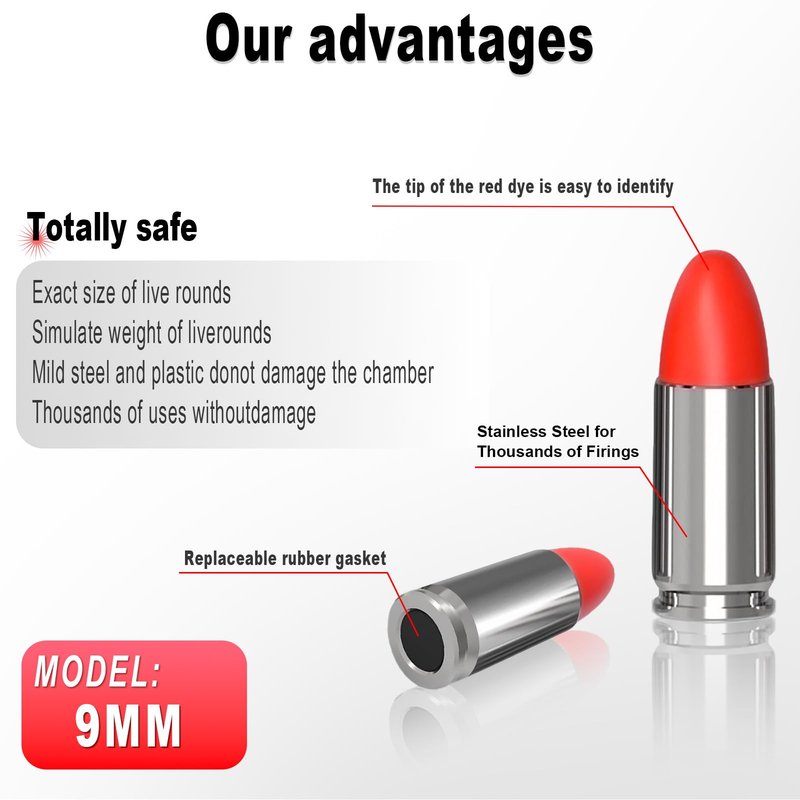 WAKAZO Training Snap Caps Dummy Rounds, Durable CNC-Machined Aluminum Alloy Safe for Handling Drills & Dry Fire Practice, Ideal for Shooting Skill Training (Silvery, 9MM-12PCS)