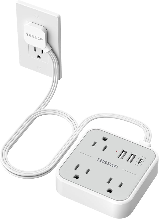 Short Extension Cord with Multiple Outlets 3 FT, TESSAN Small Flat Plug Power Strip with 3 USB (1 USB C) and Multi Outlets, Surge Protector Charging Station for Office, School, Dorm Room Essentials