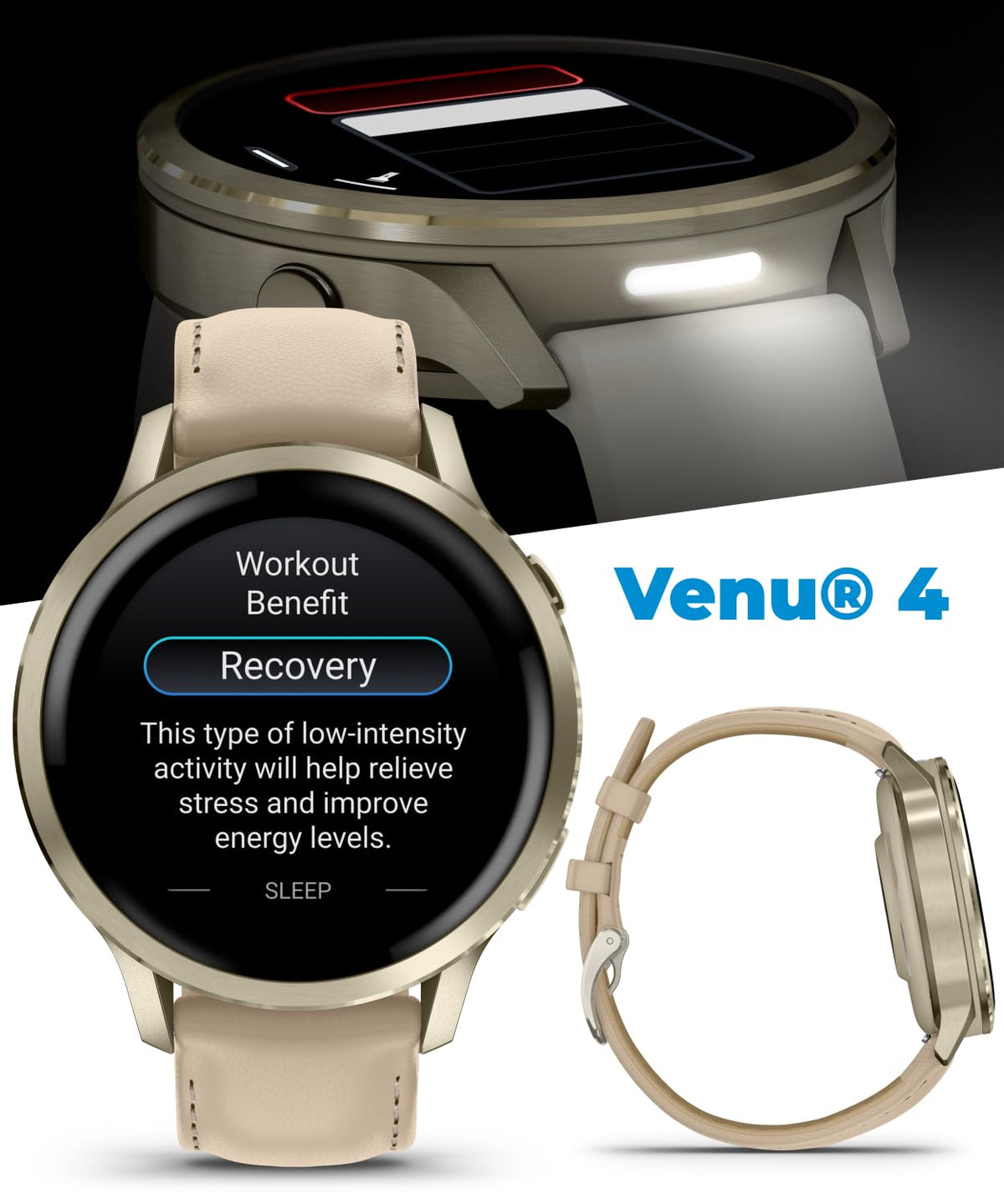Garmin Venu 4 41mm AMOLED Advanced Health & Fitness GPS Smartwatch, Colorful Display, Built-in Flashlight, Lunar Gold w/Bone Silicone & Light Sand Leather Bands w/Wearable4U PowerBank Bundle