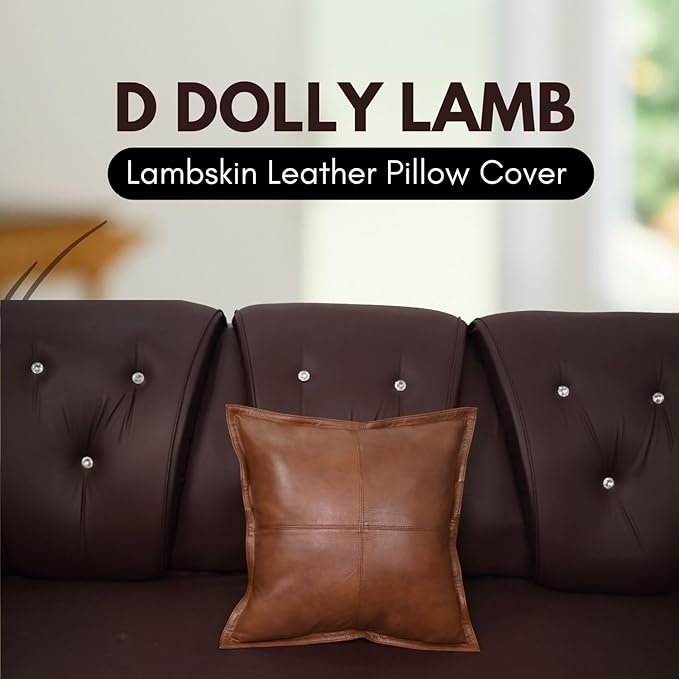D DOLLY LAMB Lambskin Leather Pillow Cover - Sofa Cushion Case - Decorative Throw Covers for Living Room & Bedroom, 20x20 Inches - Dark Antique Brown Box