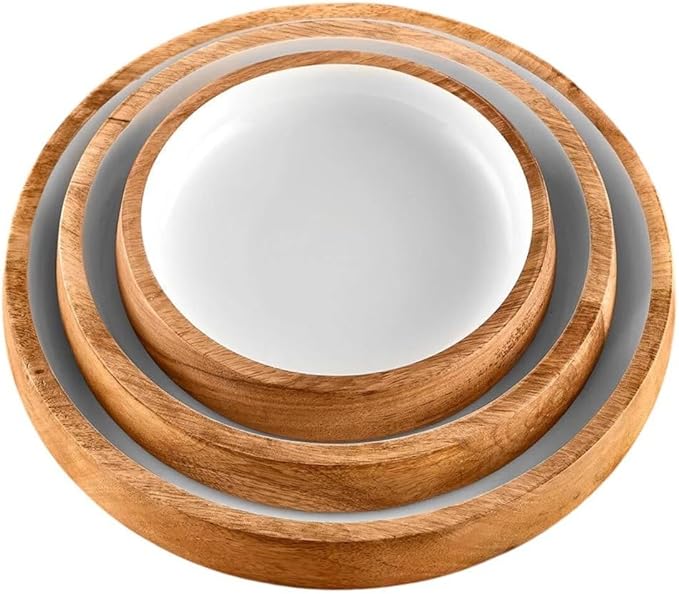 ARTISAN TOUCH Premium Wooden Serving Bowl Set with White Inner Natural Wood & Ceramic Finish Bowls for Snacks, Salad, Fruits & Dry Fruits Stylish Kitchen & Dining Tableware
