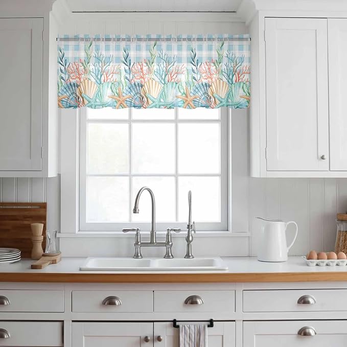 Summer Beach Sheer Valance Curtains, Ocean Colorful Coral Shell Seaweed
