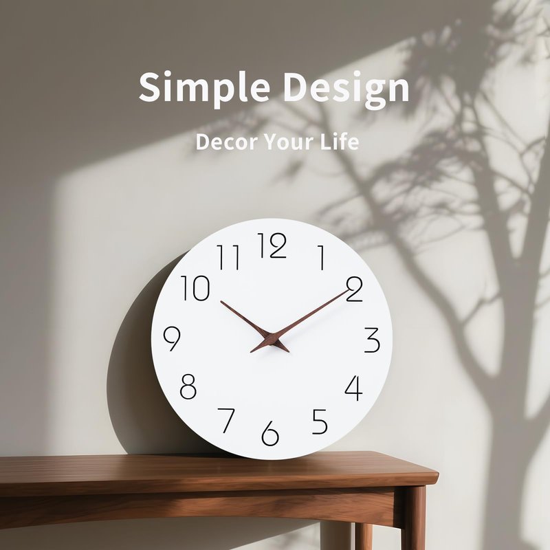 Mosewa Wall Clock Battery Operated 8 Inch White Silent Non Ticking Simple Minimalist Wooden Decorative for Kitchen Bathroom Bedroom Living Room Office