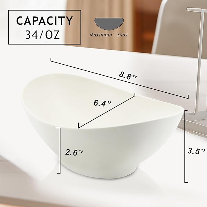 Oval Salad Bowls 34oz, Bamboo Fiber Serving Bowls Set of 6, Individual Salad Bowls for Kitchen Eating Restaurant, Deep Soup Bowls for Salad,Fruit,Pasta,Vegetable, Dishwasher Safe, Matte White