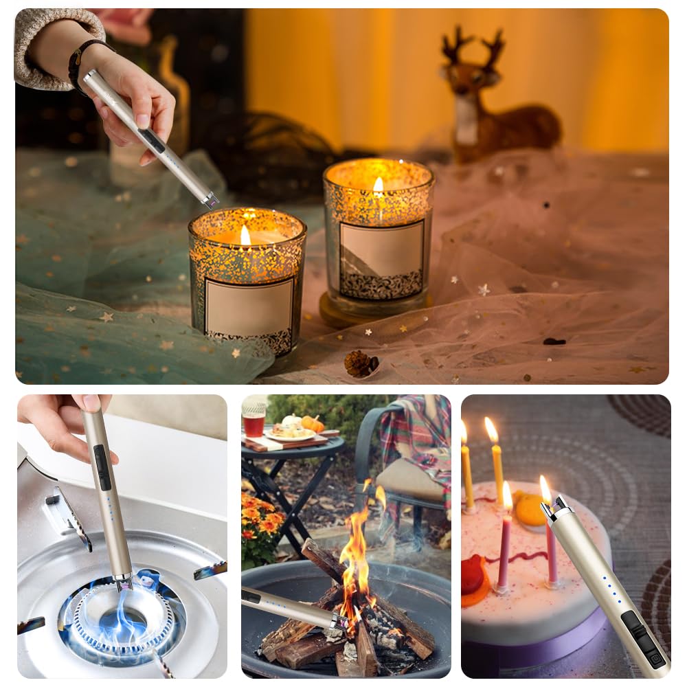 SUPRUS Electric Lighter Candle Type C Rechargeable Lighter with Upgraded LED Battery Display Safety Switch Flameless Plasma Windproof for Candle Cooking BBQs Fireworks Gift(Champagne Gold)