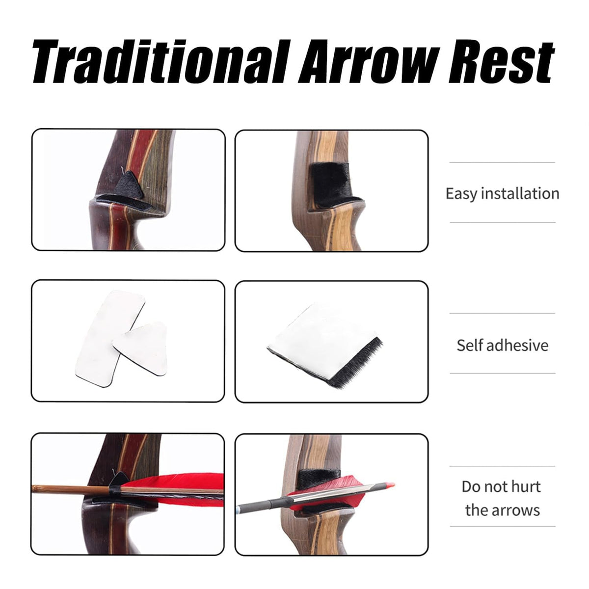 SPG Archery Hair Arrow Rest - 4 Packs All-Natural Fur Adhesive Shelf Rests Leather Plates Stick-ON Traditional Bow Rest for Longbow Recurve Bow Outdoor Hunting Shooting Practice (Black)