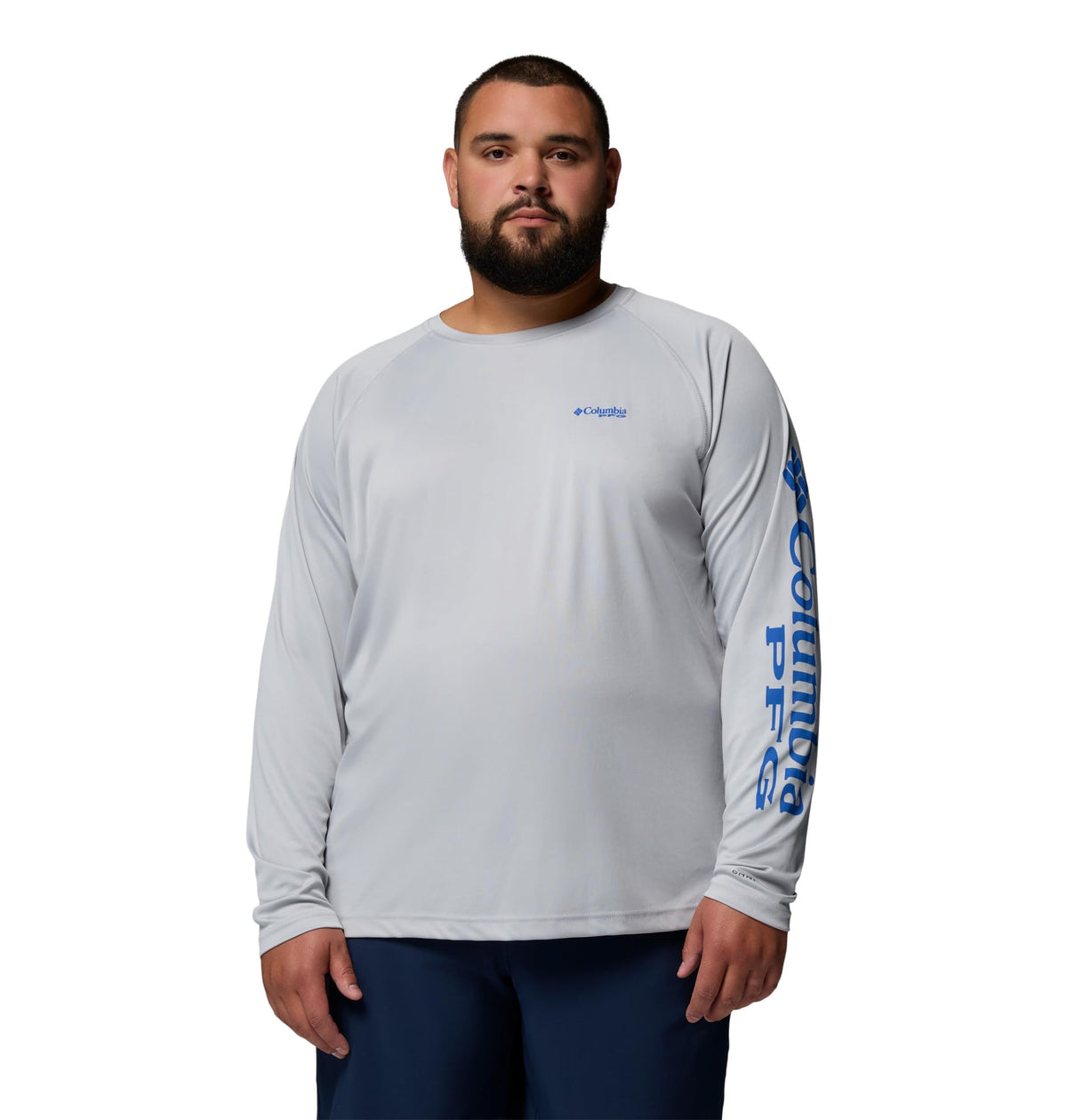 Columbia Men's PFG Terminal Tackle Long Sleeve Fishing Shirt, Cool Grey/Vivid Blue Logo, Large Tall