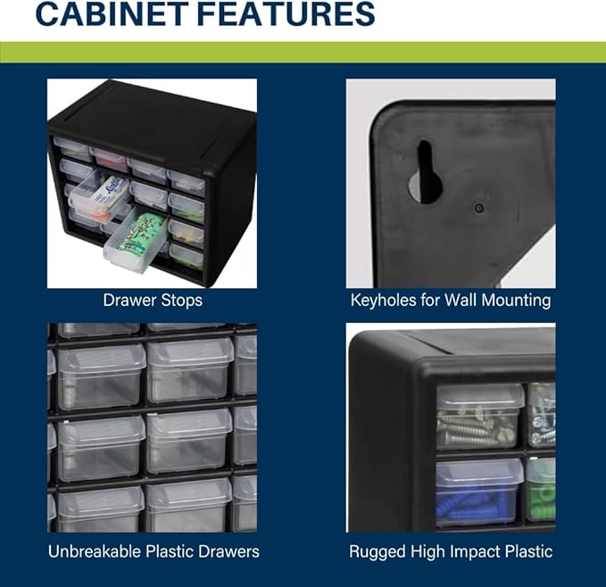 Akro-Mils 16-Drawer Plastic Cabinet for Garage Organization, Beads, Makeup Organizer, Building Bricks Storage, Teacher Toolbox, 10-1/2" W x 6-1/2" D x 8-1/2" H, 10716 Black (Pack of 4)