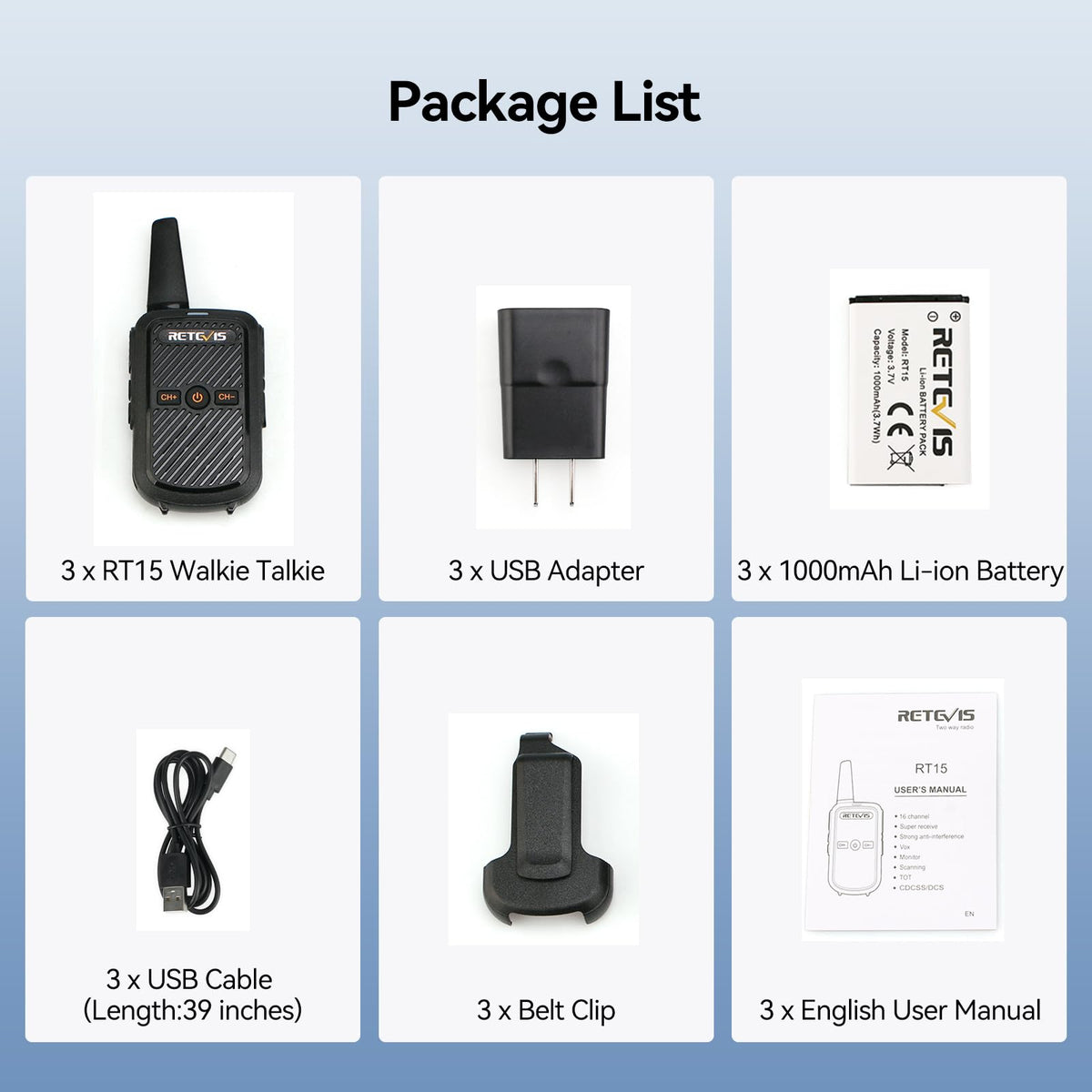 Retevis RT15 Mini Walkie Talkies for Adults, Small Portable 2 Way Radios, Low Battery Warning, VOX, Compact, Walky Talky Rechargeable for Warehouse Camping Hiking Outdoor Trip Family Travel(3 Pack)