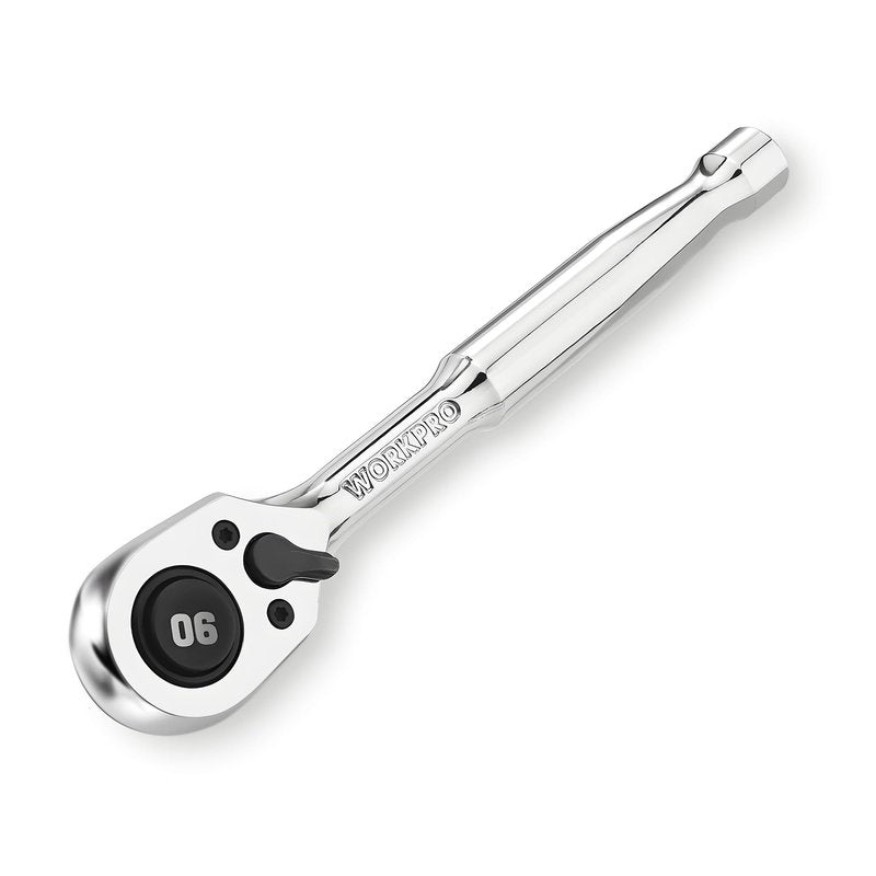 WORKPRO Low-Profile 1/4-Inch Drive Ratchet, 90-Tooth Quick-Release Ratchet Wrench, Reversible, 4° Swing, CR-MO Compact Drive Head, Full Polished, Gifts for Men