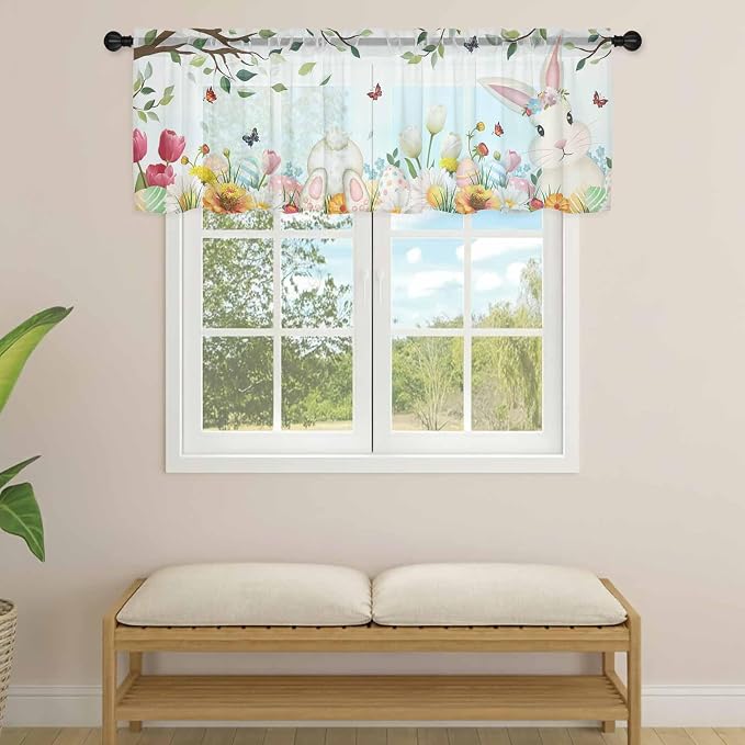 Easter Sheer Valances for Windows 54"x18", Light Filtering Kitchen Curtains