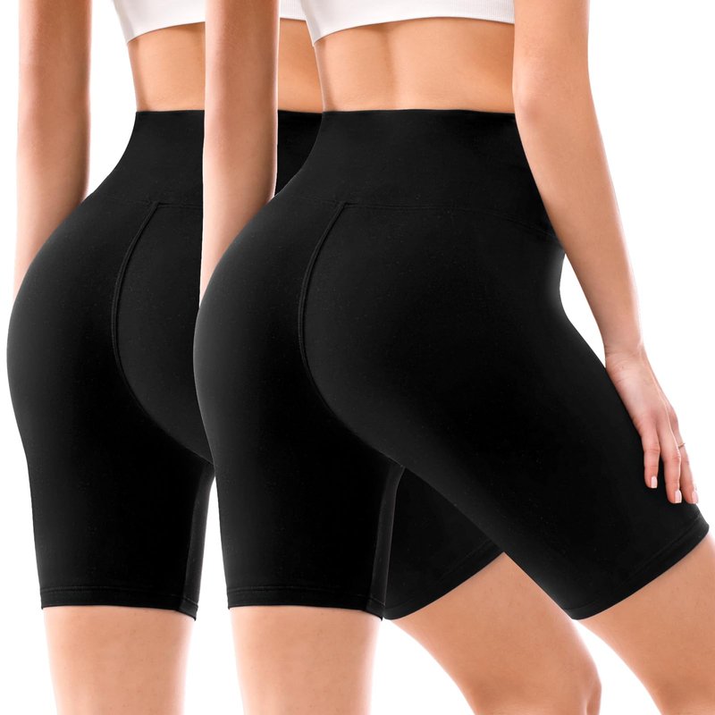 Leafigure 2 Pack Biker Shorts for Women 6" High Waisted Gym Shorts for Yoga Workout Black L-XL