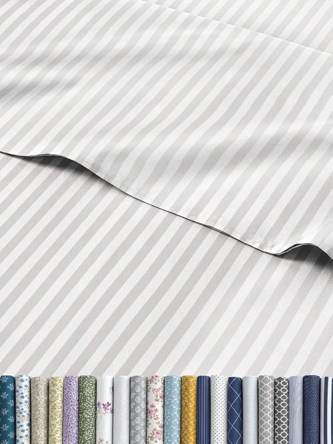 Light Grey and White Striped Sheets - 1 Flat & 1 Fitted Sheet & 2 Pillowcases w/ Deep Pockets - Wrinkle & Fade Resistant, Ultra-Soft, Breathable & Cooling - Luxury Pinstripe Bedding - Queen Size