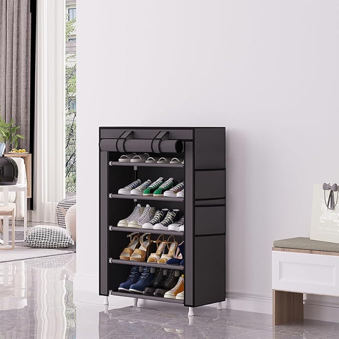 Calmootey 5 Tier Shoe Rack Organizer,Portable Shoe Shelf with Nonwoven Fabric Cover for Closet Hallway,Bedroom,Entryway,Grey
