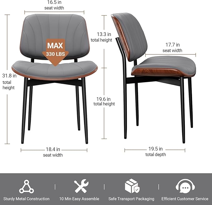 Dining Chairs Set of 4, Mid-Century Modern Upholstered PU Leather Chairs with Walnut Back and Metal Legs Adjustable Feet for Kitchen Dining Room, Dark Gray Shell Strips