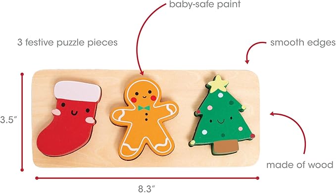 Pearhead 3 Piece Wooden Holiday Puzzle, Kids Christmas Toy, Puzzle Stocking Stuffer, Christmas Toys for Children, Holiday Toy Ideas, 3 Piece Set