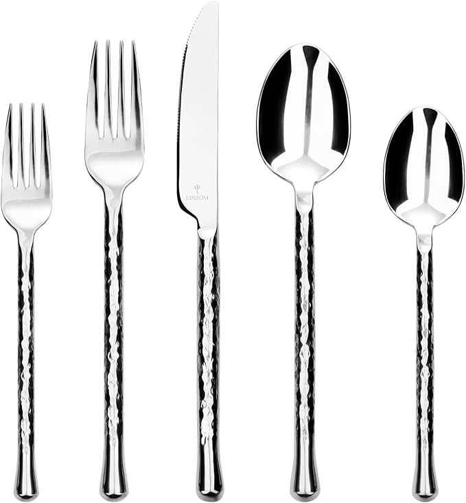LINZOM Forged 20-Piece Matte Black Silverware Set, 18/10 Stainless Steel Flatware Service for 4, Rustic Black Flatware, Spoons Forks Set Home Kitchen Restaurant Housewarming, Dishwasher Safe