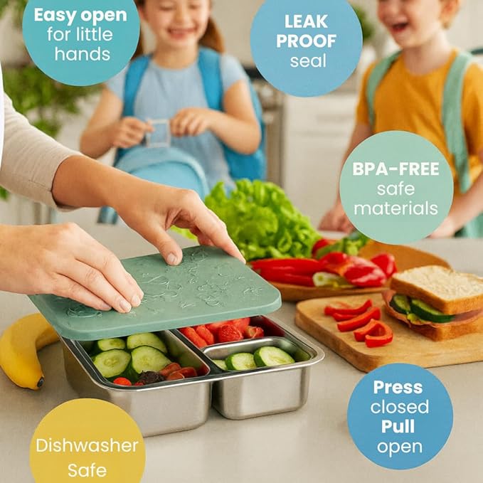 Stainless Steel Lunch Box for Kids 5 and Older – 3 Pieces Stainless Steel Bento Box with 4 Compartments & 2 Snack Containers – Leak Proof, BPA-Free, Eco-Friendly, Dishwasher Safe & Durable – Green