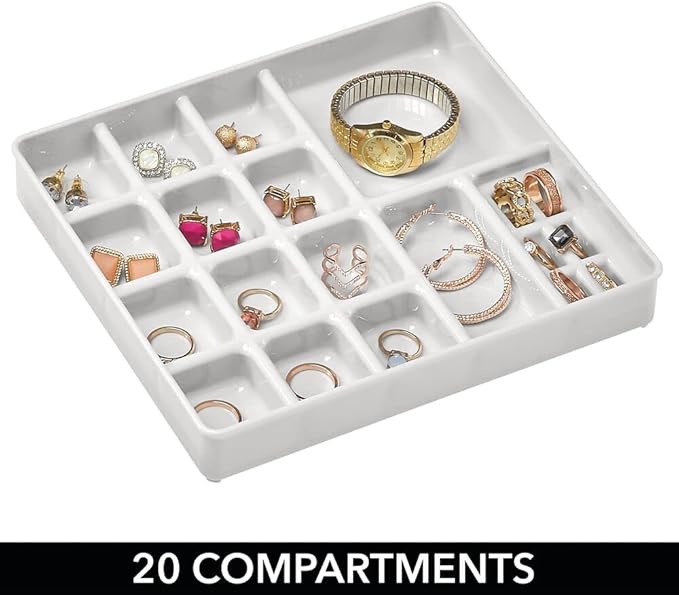mDesign Stackable Plastic Storage Jewelry Box - 2 Organizer Trays with Lid for Drawer, Dresser, Vanity - Holds Necklaces, Bracelets, Bangles, Rings, Earrings - 3 Pieces - Light Gray/Clear