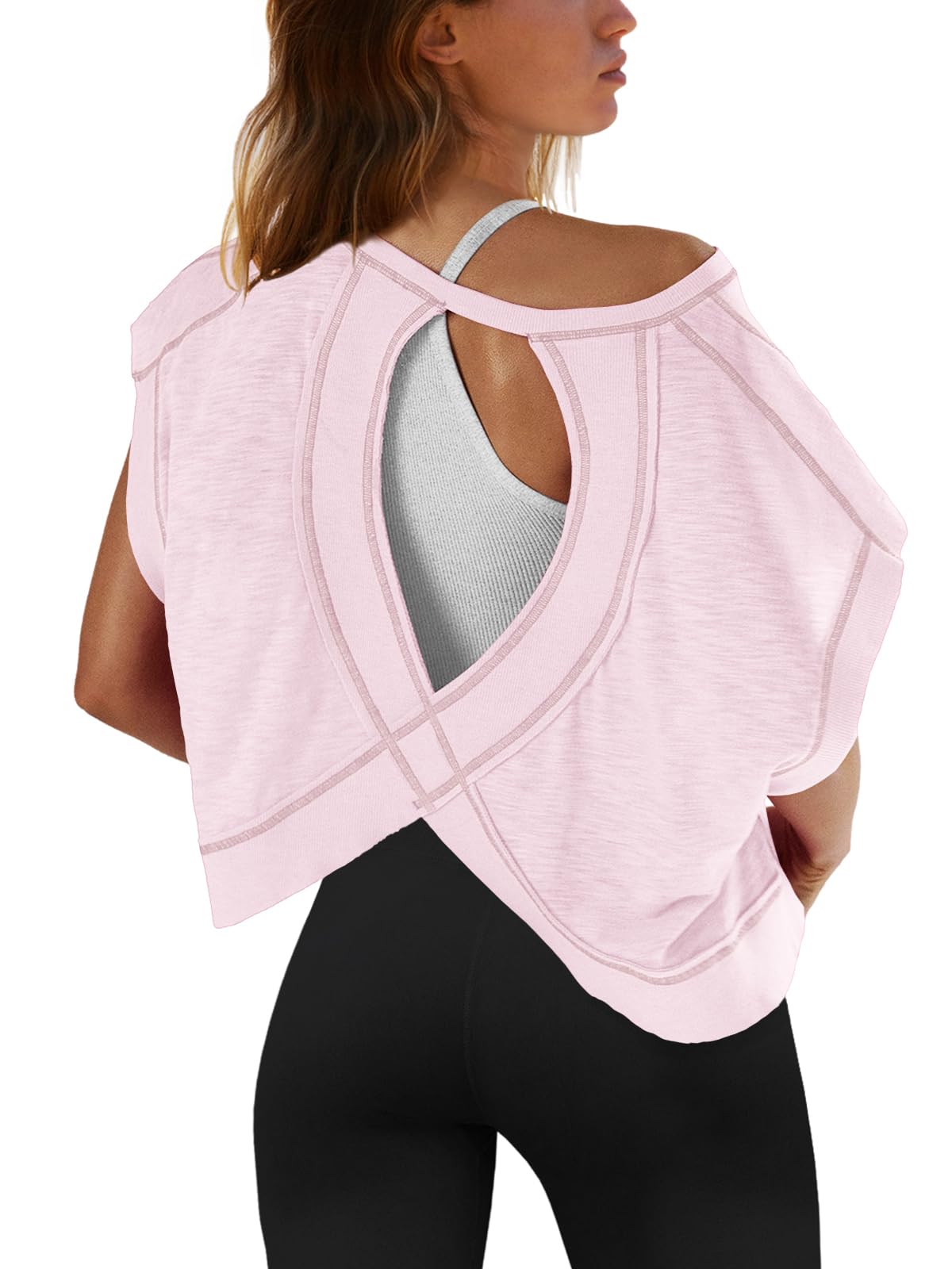 SENSERISE Womens Open Back Workout Tops Backless Short Sleeve Athletic Shirt Running Crop Top Gym Yoga Tee(Pink,S)
