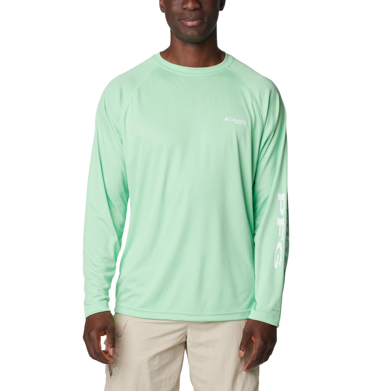 Columbia Men's Terminal Tackle Long Sleeve Fishing Shirt, Ocean Mint/White Logo, 1X