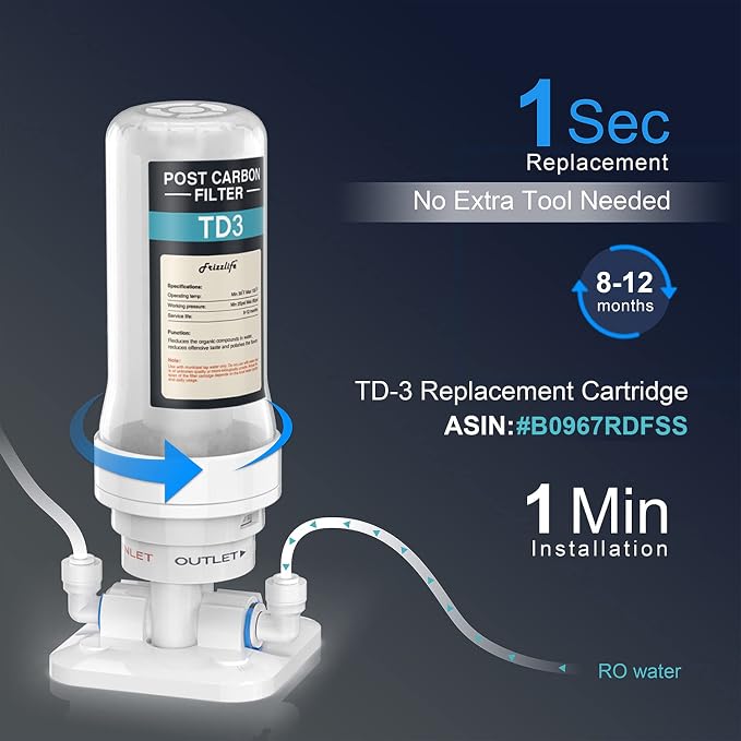 Frizzlife TD-3 Inline Water Filter, Fast Replacement Post Water Filter Removes