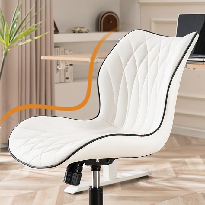 YOUNUOKE Armless Desk Chair Comfy Office Chair with Wheels Home Ergonomic Task Chair Adjustable Computer Chairs Modern Faux Leather Swivel Chair Upholstered Makeup Vanity Chair with Back(White)