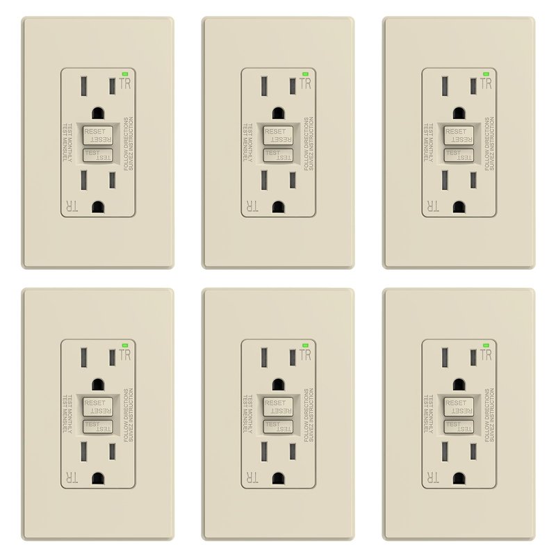 ELEGRP GFCI Outlet 15 Amp, Self-Test GFI Electrical Outlet with Thinner Design, TR Tamper Resistant GFCI Receptacle, Ground Fault Circuit Interrupters with Wall Plate, UL Listed, Light Almond, 6 Pack
